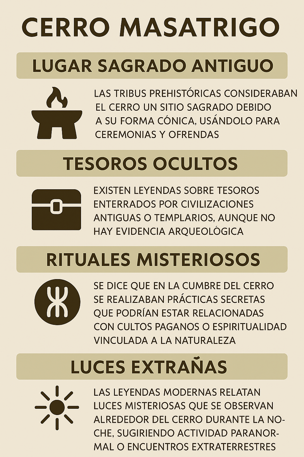 Infograma mostrando el Cerro Masatrigo y leyendas asociadas: lugar sagrado, tesoros ocultos, rituales misteriosos y luces extrañas.