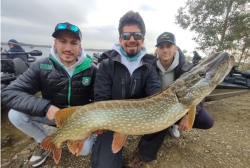 Pescadores con lucio de gran tamaño